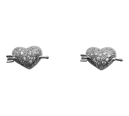 Silver Heart with Cupid Arrow Stud Earrings with White Cubic Zirconia Stones