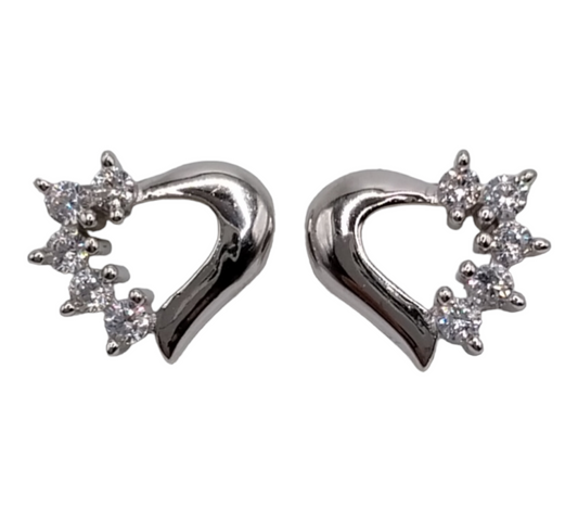 Silver Heart with White Cubic Zirconia Stones Stud Earrings