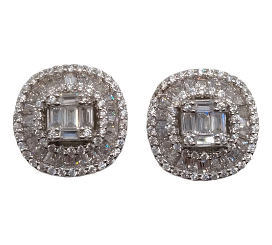 Round Silver 925 Stud Earrings with White Cubic Zirconia Stones