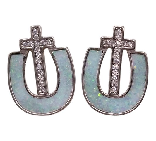 Silver Cross with blue opal stone and CZ Stud Earrings