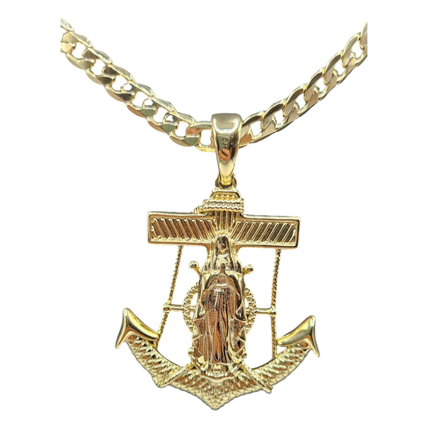 Anchor and Virgen Maria 14k Gold Plated Necklace-Large