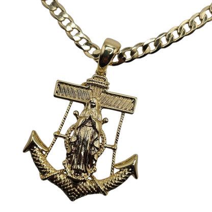 Anchor and Virgen Maria 14k Gold Plated Necklace-Large