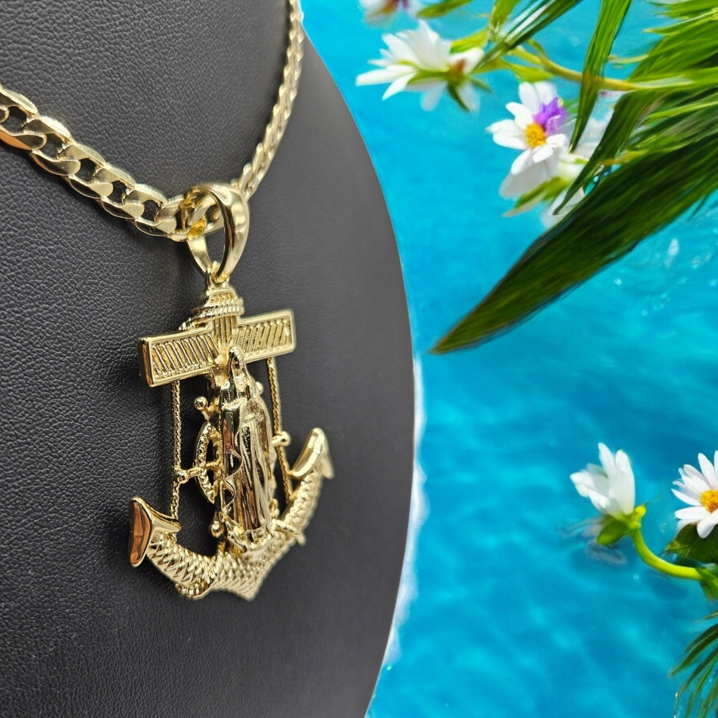 Anchor and Virgen Maria 14k Gold Plated Necklace-Large