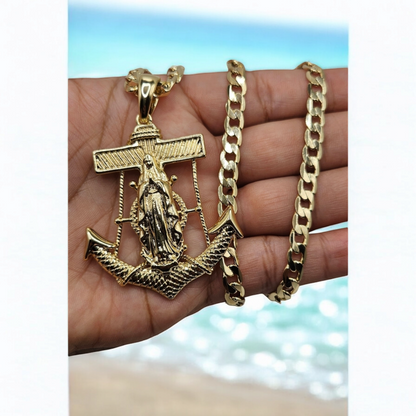 Anchor and Virgen Maria 14k Gold Plated Necklace-Large