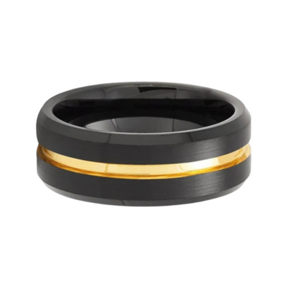 Anillo de carburo de tungsteno para hombre con diseño dorado