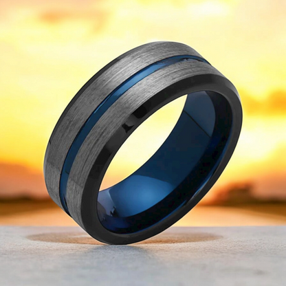 Anillo de Hombre con Diseño de Líneas Azules y Negras