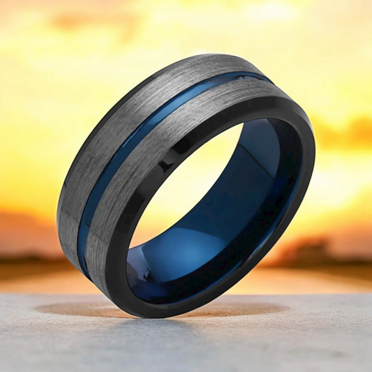 Men Ring with Blue and Black Lines Design