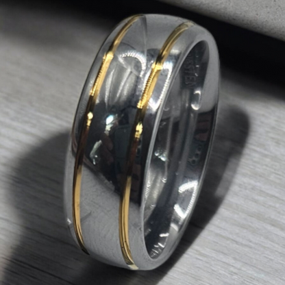 Men Ring Silver and Gold Lines - Tungsten Carbide