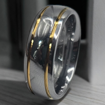 Men Ring Silver and Gold Lines - Tungsten Carbide