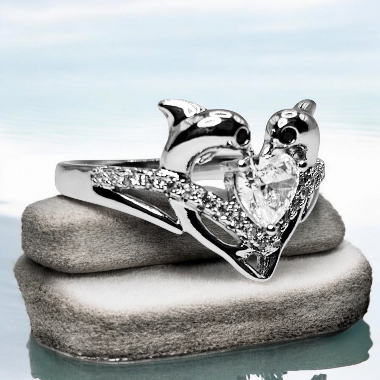 Heart Shape Dolphins Silver-Plated Ring