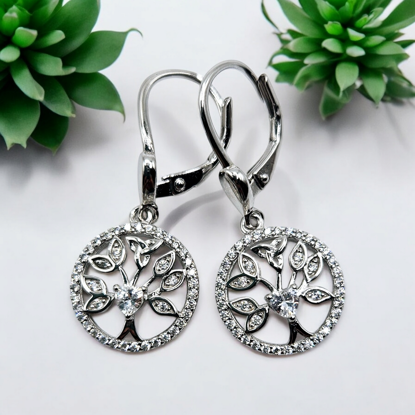 Tree of Life with White Cubic Zirconia Dangling Earrings