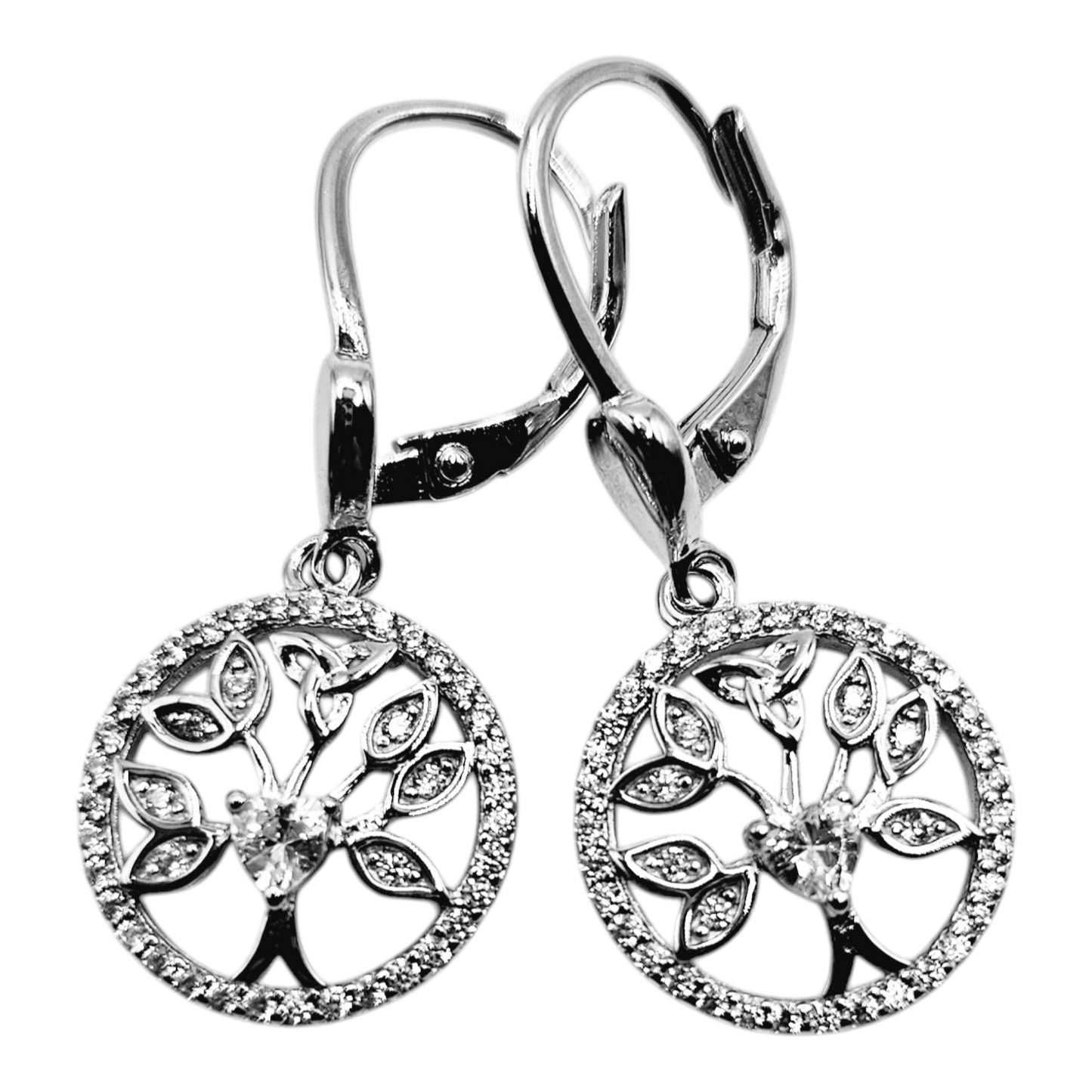 Tree of Life with White Cubic Zirconia Dangling Earrings