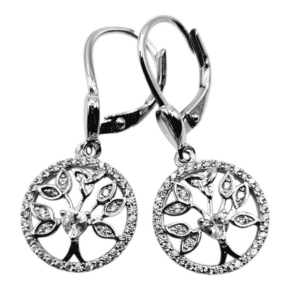 Tree of Life with White Cubic Zirconia Dangling Earrings