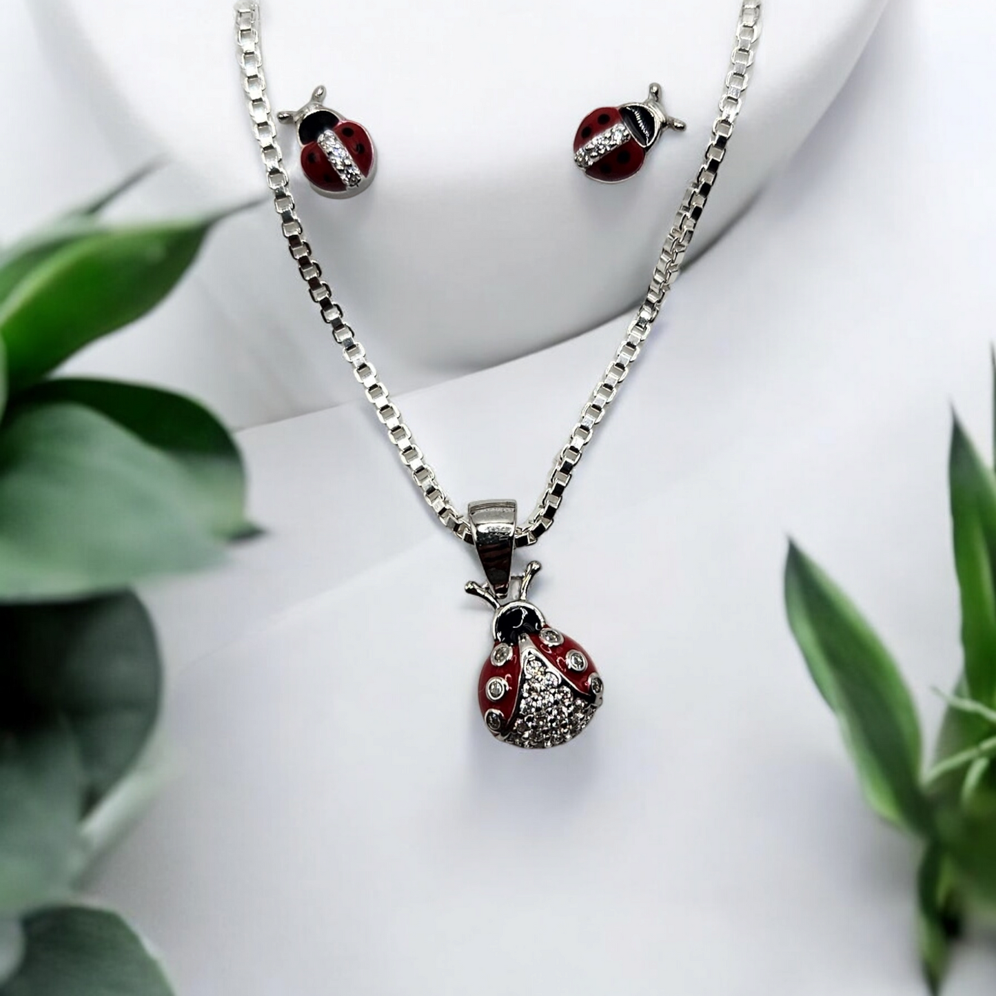 Kids Red Lady Bug Jewelry Set Silver