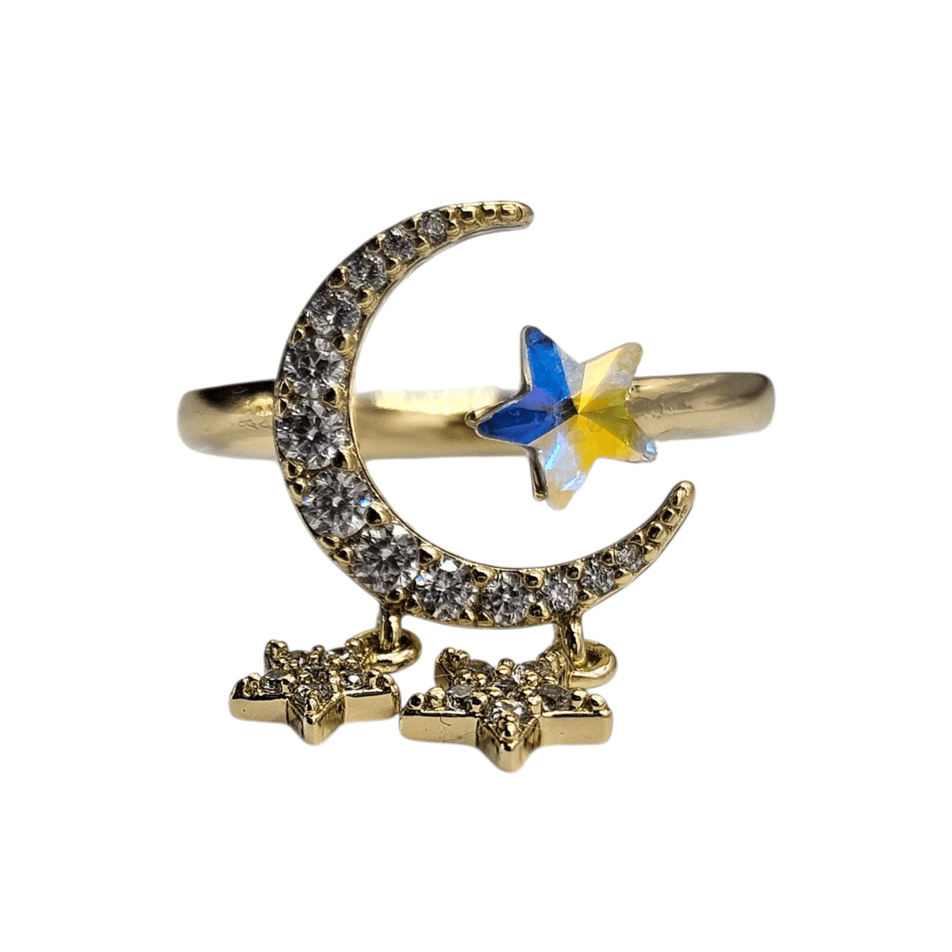 Adjustable Moon and Stars Ring Band with White Cubic Zirconia Stones