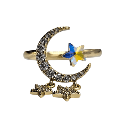 Adjustable Moon and Stars Ring Band with White Cubic Zirconia Stones