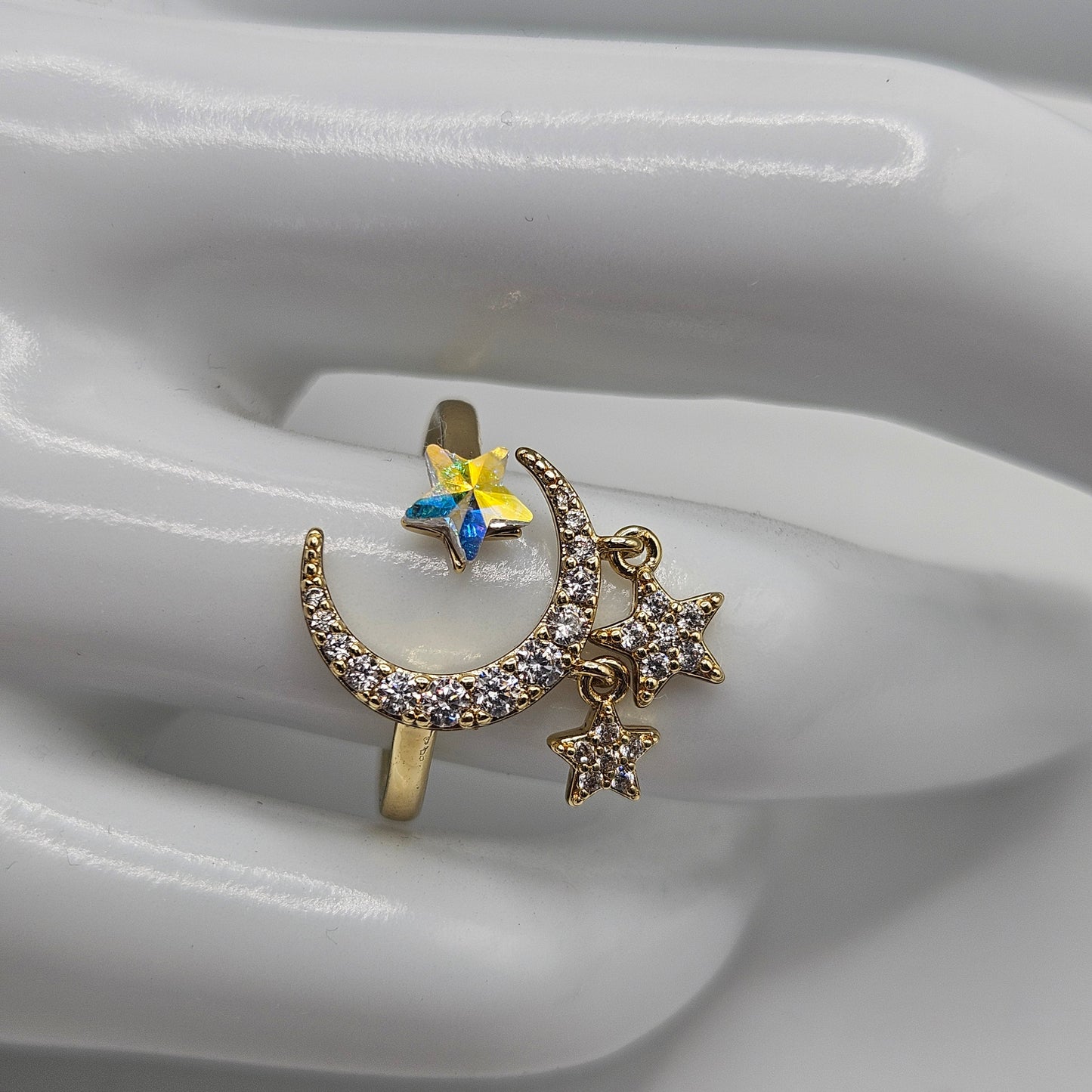 Adjustable Moon and Stars Ring Band with White Cubic Zirconia Stones