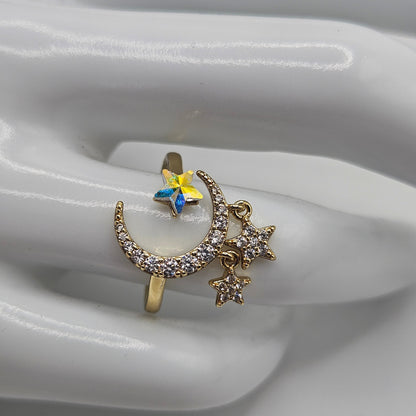 Adjustable Moon and Stars Ring Band with White Cubic Zirconia Stones