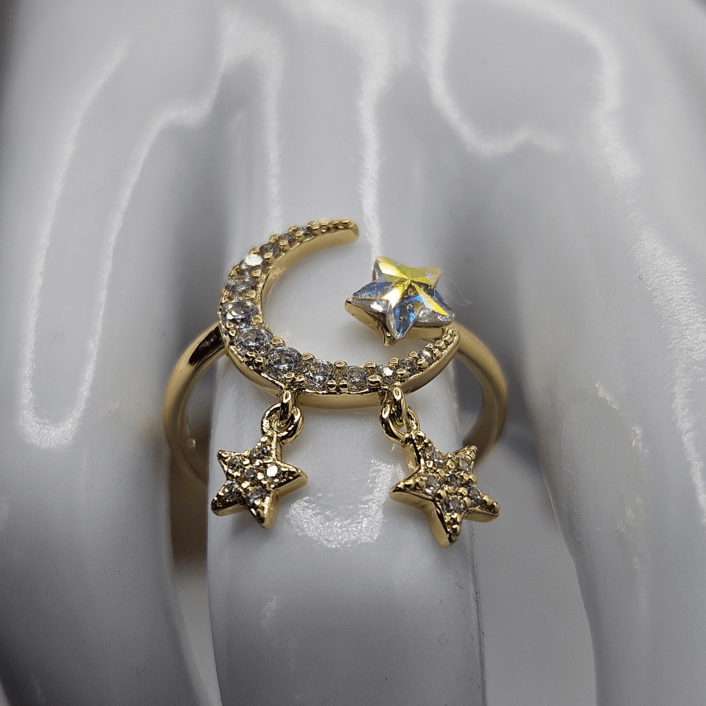 Adjustable Moon and Stars Ring Band with White Cubic Zirconia Stones