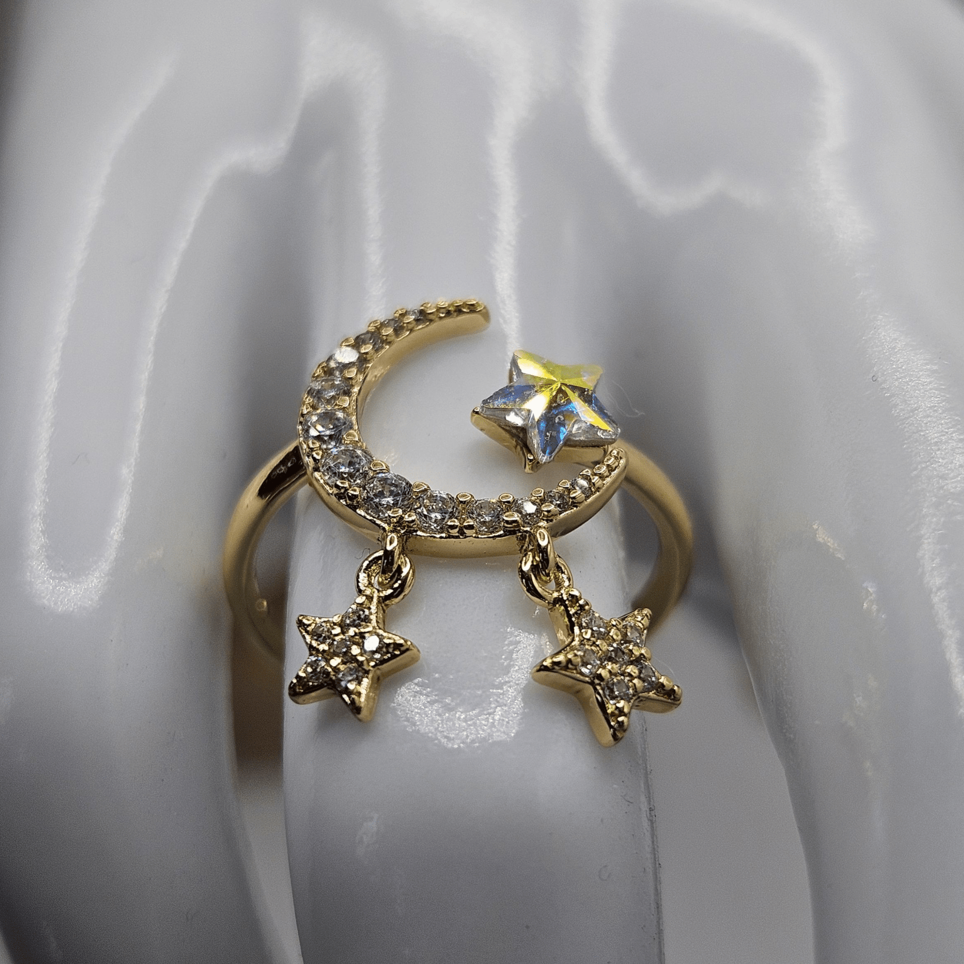 Adjustable Moon and Stars Ring Band with White Cubic Zirconia Stones