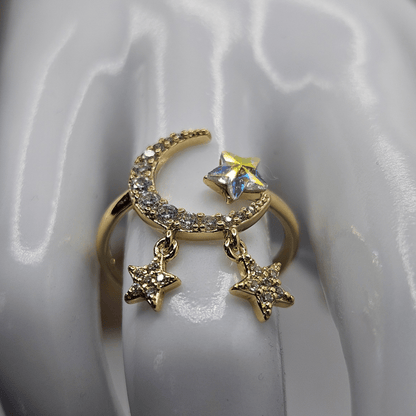 Adjustable Moon and Stars Ring Band with White Cubic Zirconia Stones
