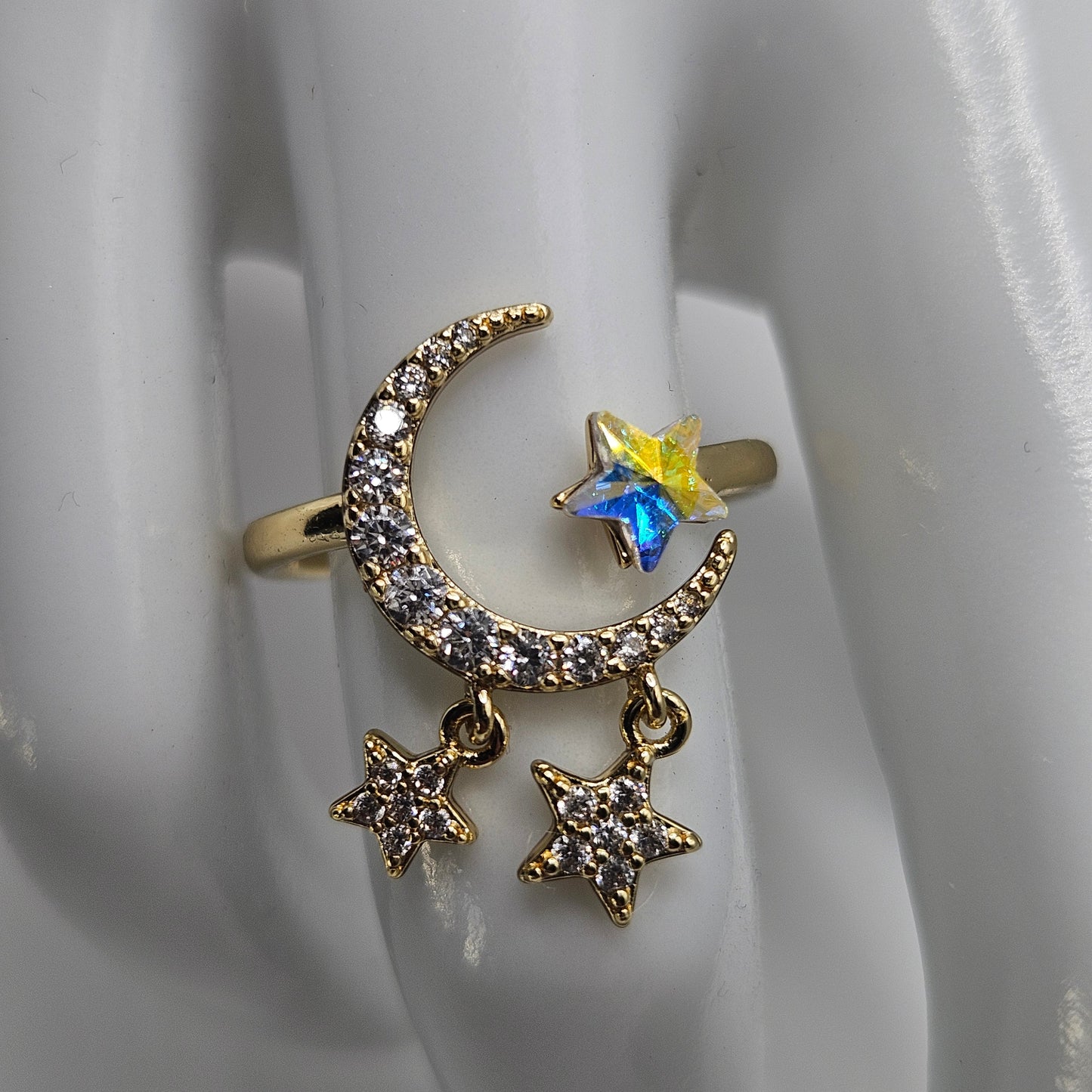 Adjustable Moon and Stars Ring Band with White Cubic Zirconia Stones