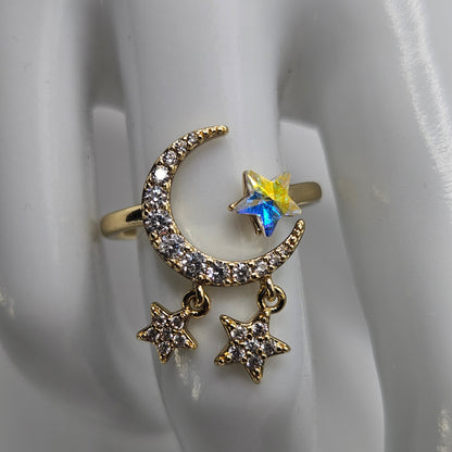 Adjustable Moon and Stars Ring Band with White Cubic Zirconia Stones