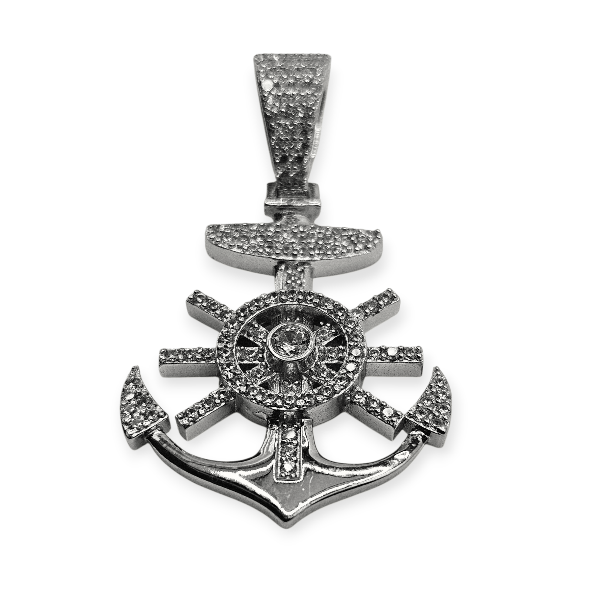 Anchor Silver Pendant with White Cubic Zirconia Stones
