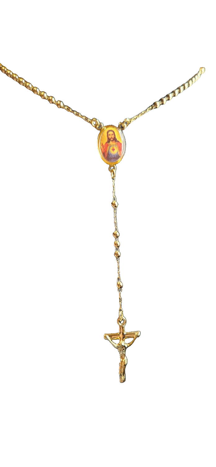 Rosario con Sagrado Corazón en Collar Chapado en Oro de 14k
