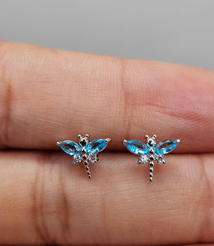 Blue Dragonfly Stud Earrings Silver 925 for Girls