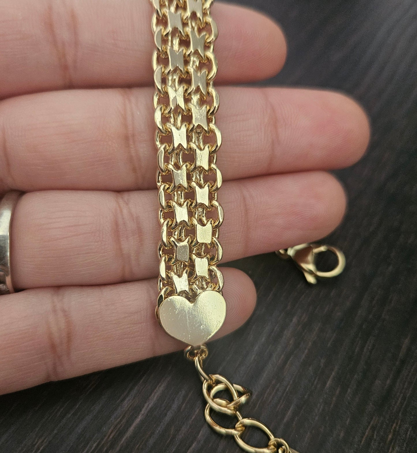 Bracelet Fancy Mesh and Link 14K Gold Plated with Heart Charms for Women 10mm Wide 7" Long Adjustable