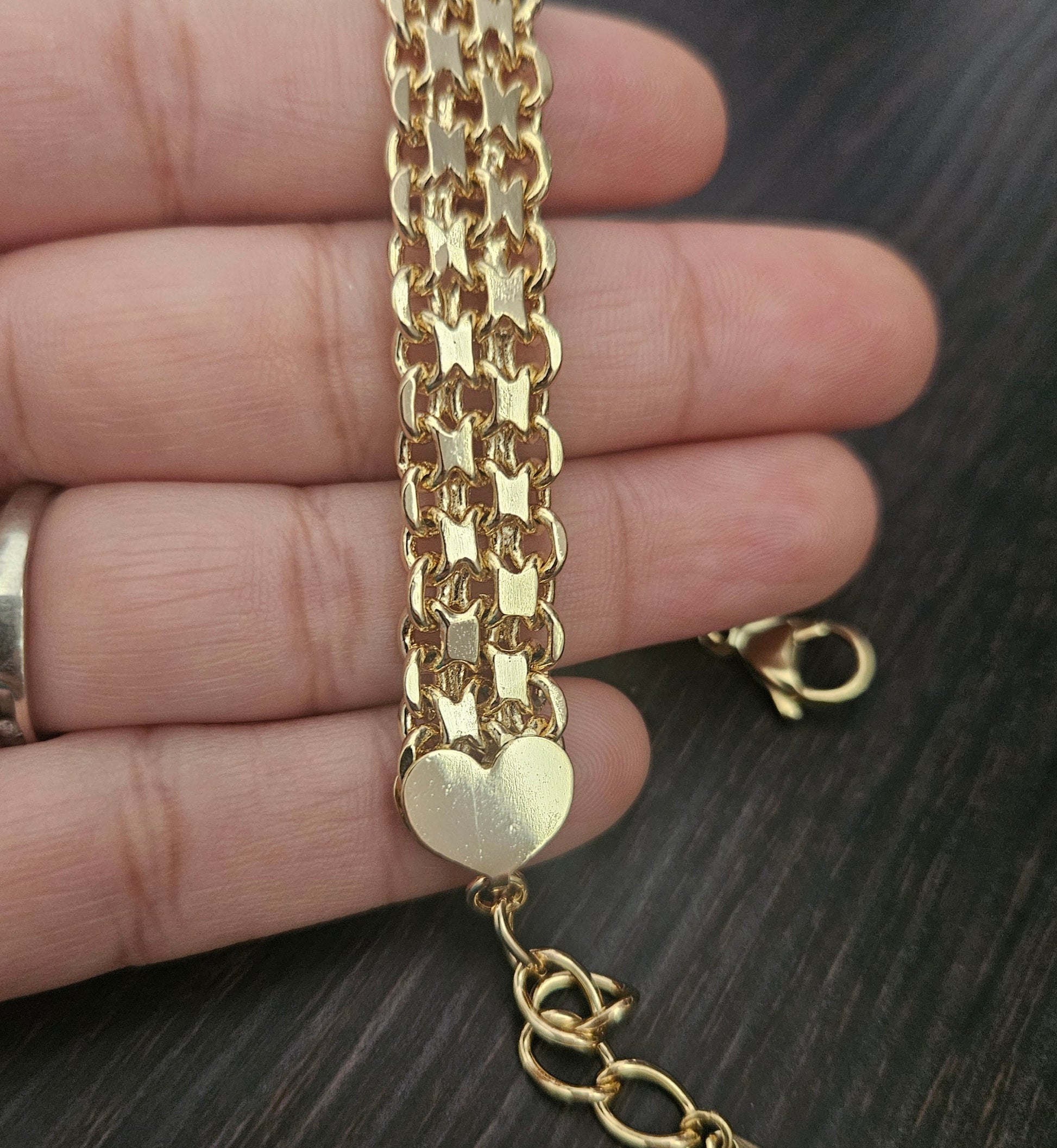Bracelet Fancy Mesh and Link 14K Gold Plated with Heart Charms for Women 10mm Wide 7" Long Adjustable
