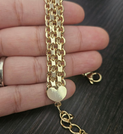 Bracelet Fancy Mesh and Link 14K Gold Plated with Heart Charms for Women 10mm Wide 7" Long Adjustable