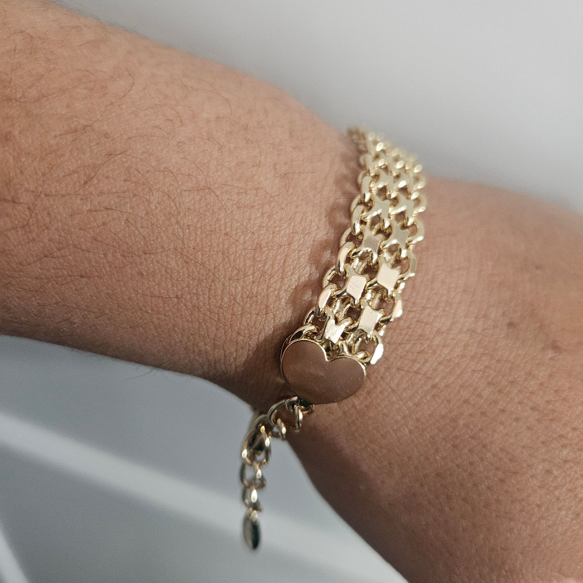 Bracelet Fancy Mesh and Link 14K Gold Plated with Heart Charms for Women 10mm Wide 7" Long Adjustable