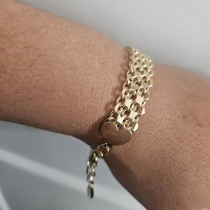 Bracelet Fancy Mesh and Link 14K Gold Plated with Heart Charms for Women 10mm Wide 7" Long Adjustable