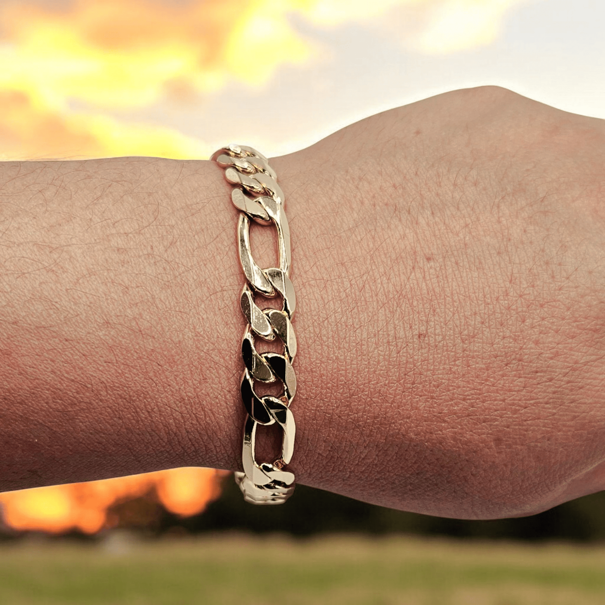 Bracelet Figaro 14k Gold Plated 8.5"L 10mm Wide