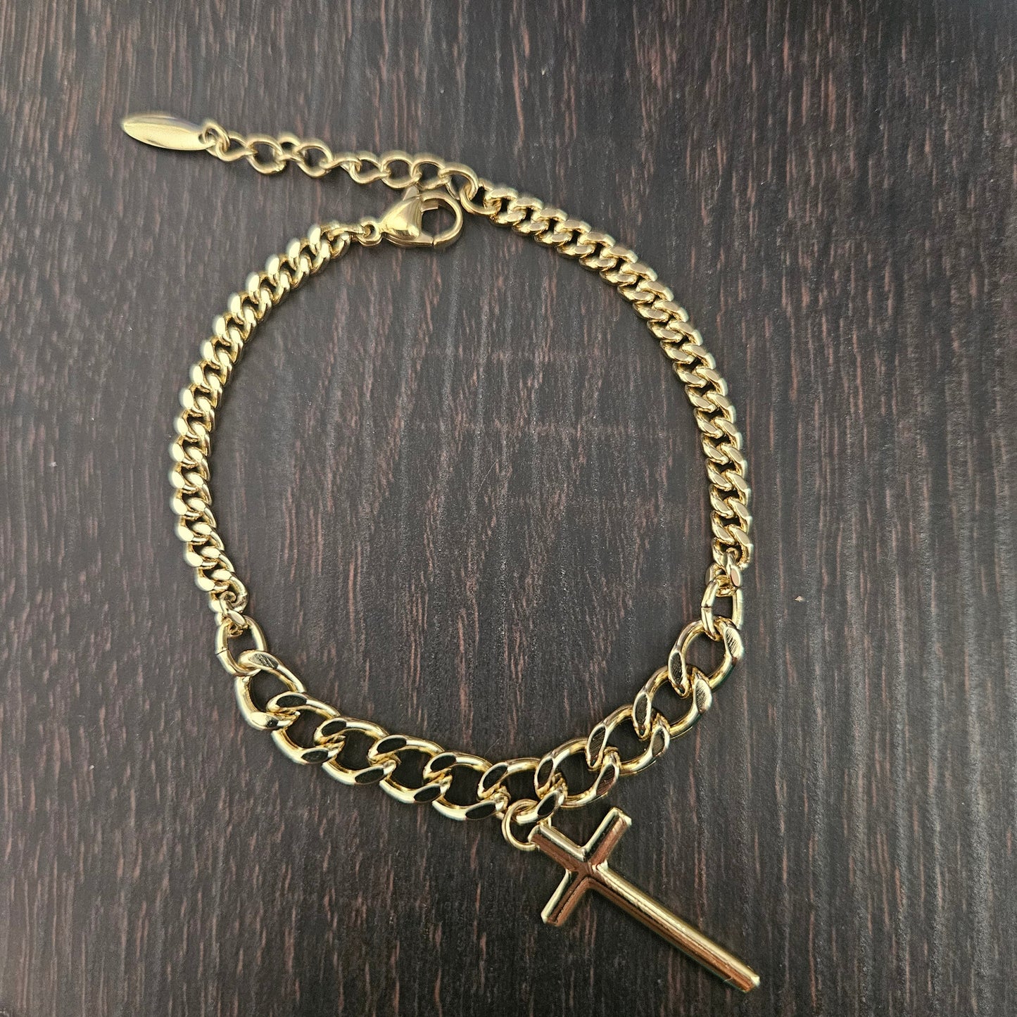 Bracelet with Cross Charm 14K Plated 7"L Adjustable Bracelet