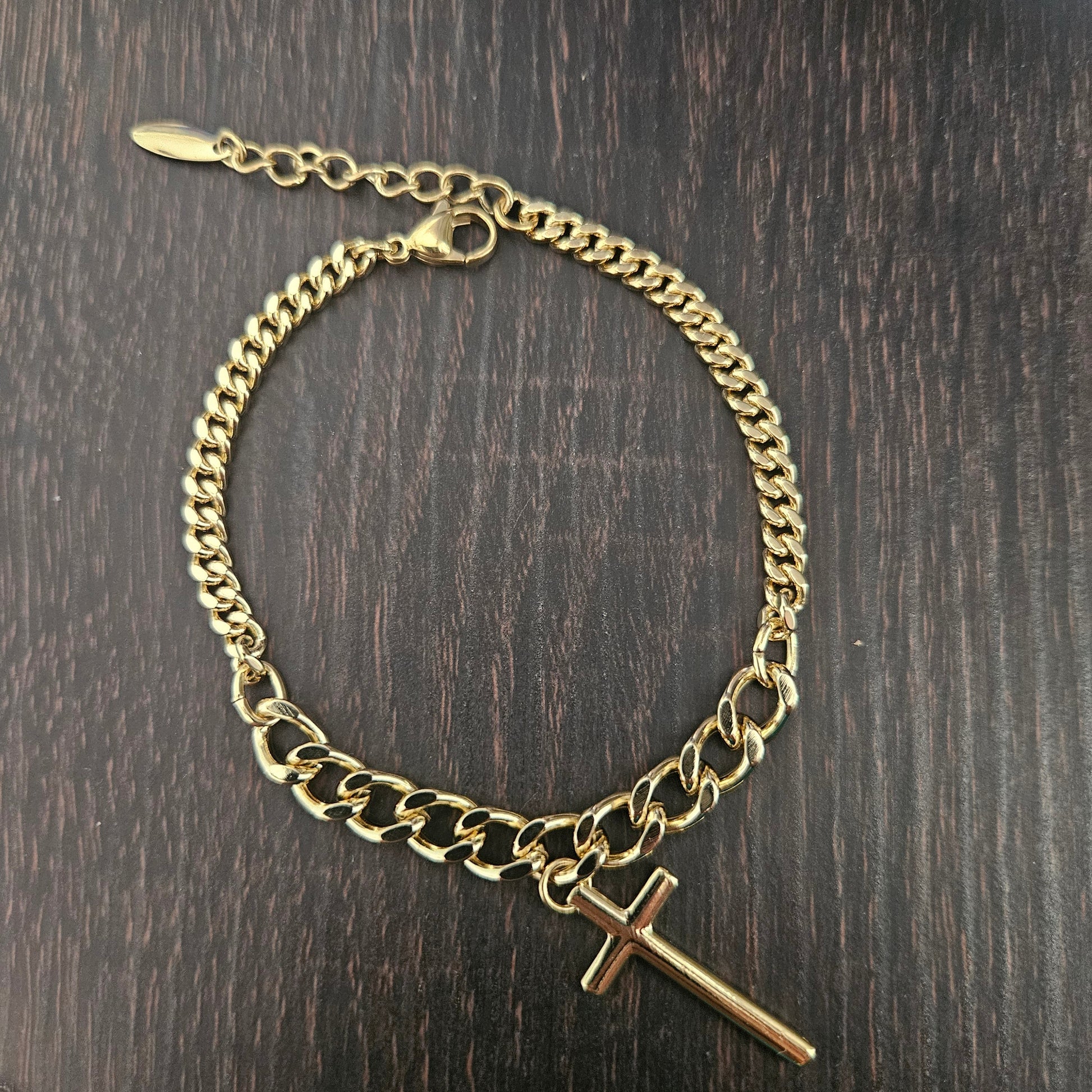 Bracelet with Cross Charm 14K Plated 7"L Adjustable Bracelet