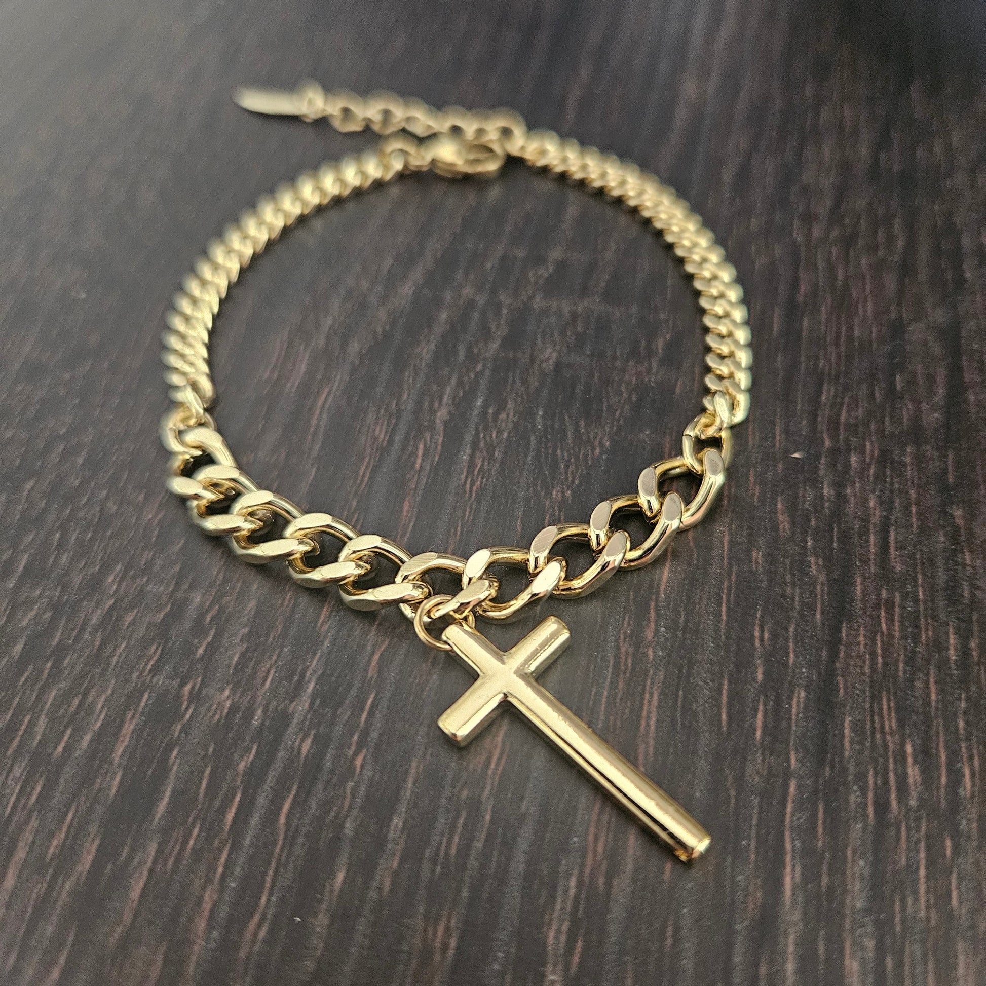 Bracelet with Cross Charm 14K Plated 7"L Adjustable Bracelet