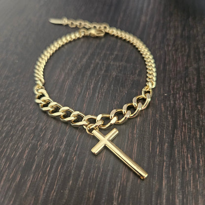 Bracelet with Cross Charm 14K Plated 7"L Adjustable Bracelet