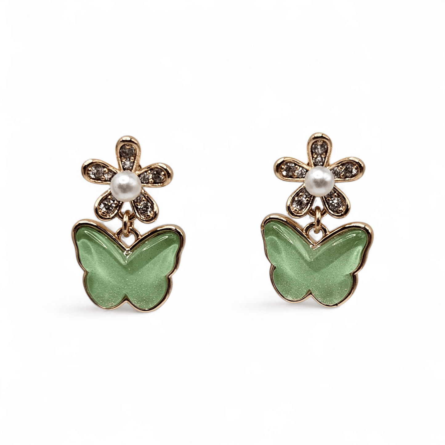Butterfly and Flower Earrings 18K Gold Plated Green Stud Earrings for Kids or Women