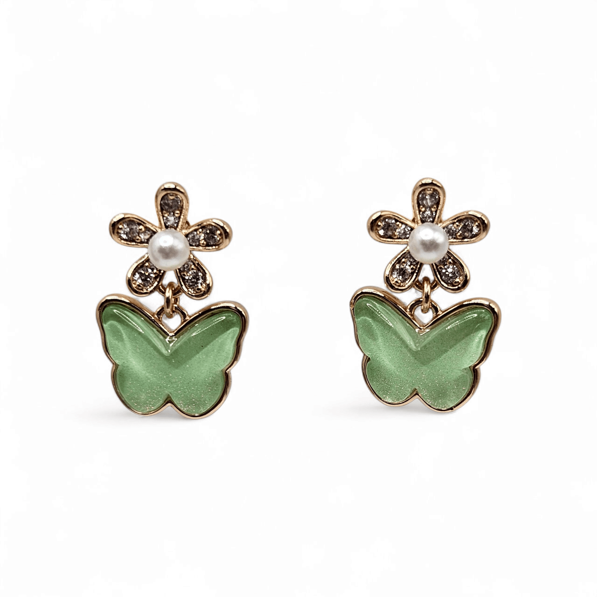 Butterfly and Flower Earrings 18K Gold Plated Green Stud Earrings for Kids or Women