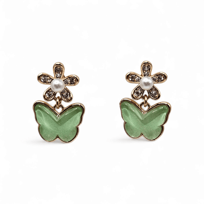 Butterfly and Flower Earrings 18K Gold Plated Green Stud Earrings for Kids or Women