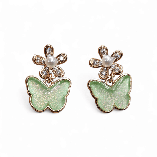 Butterfly and Flower Earrings 18K Gold Plated Green Stud Earrings for Kids or Women