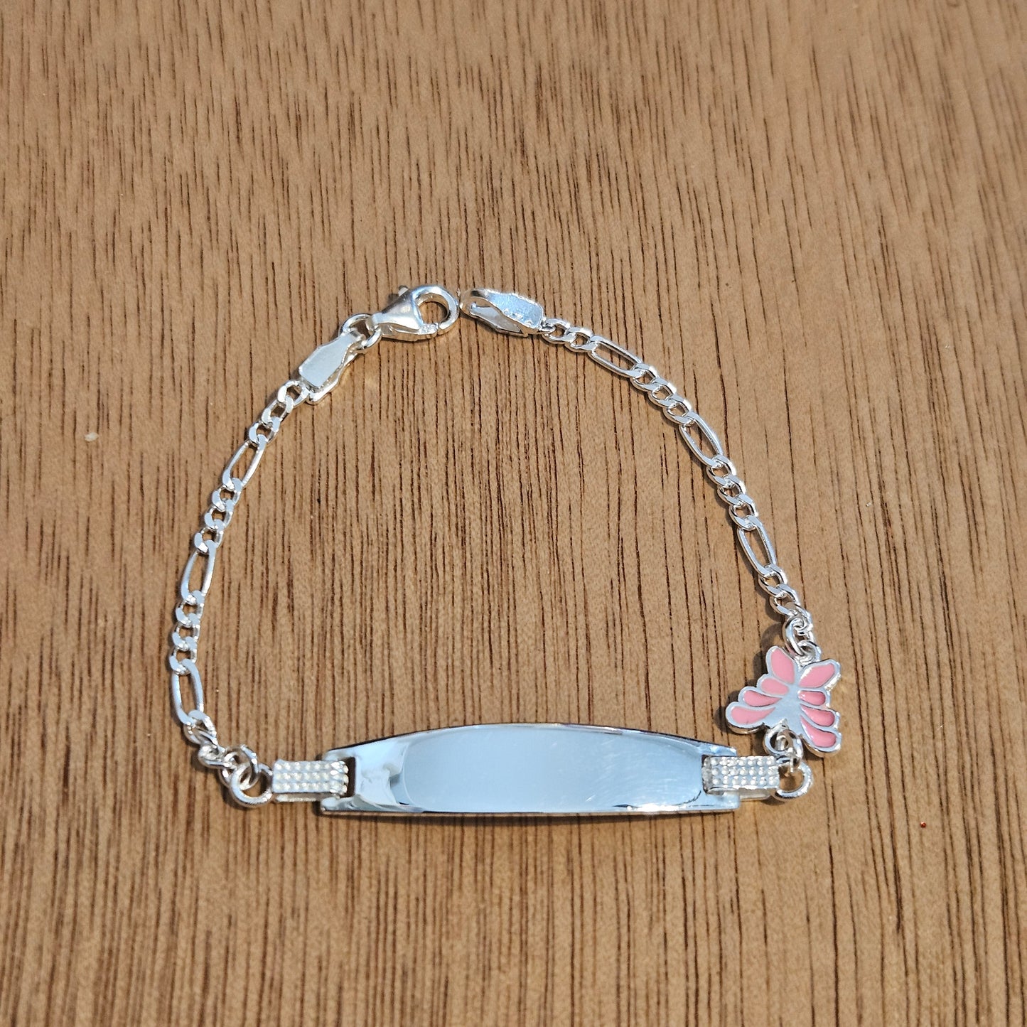 Butterfly Charm Kids ID Plate Silver Bracelet 6"L , Figaro Unisex - Great for Kids 5 to 10 years