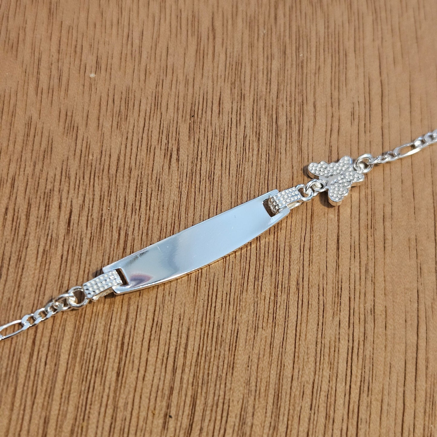 Butterfly Charm Kids ID Plate Silver Bracelet 6"L , Figaro Unisex - Great for Kids 5 to 10 years