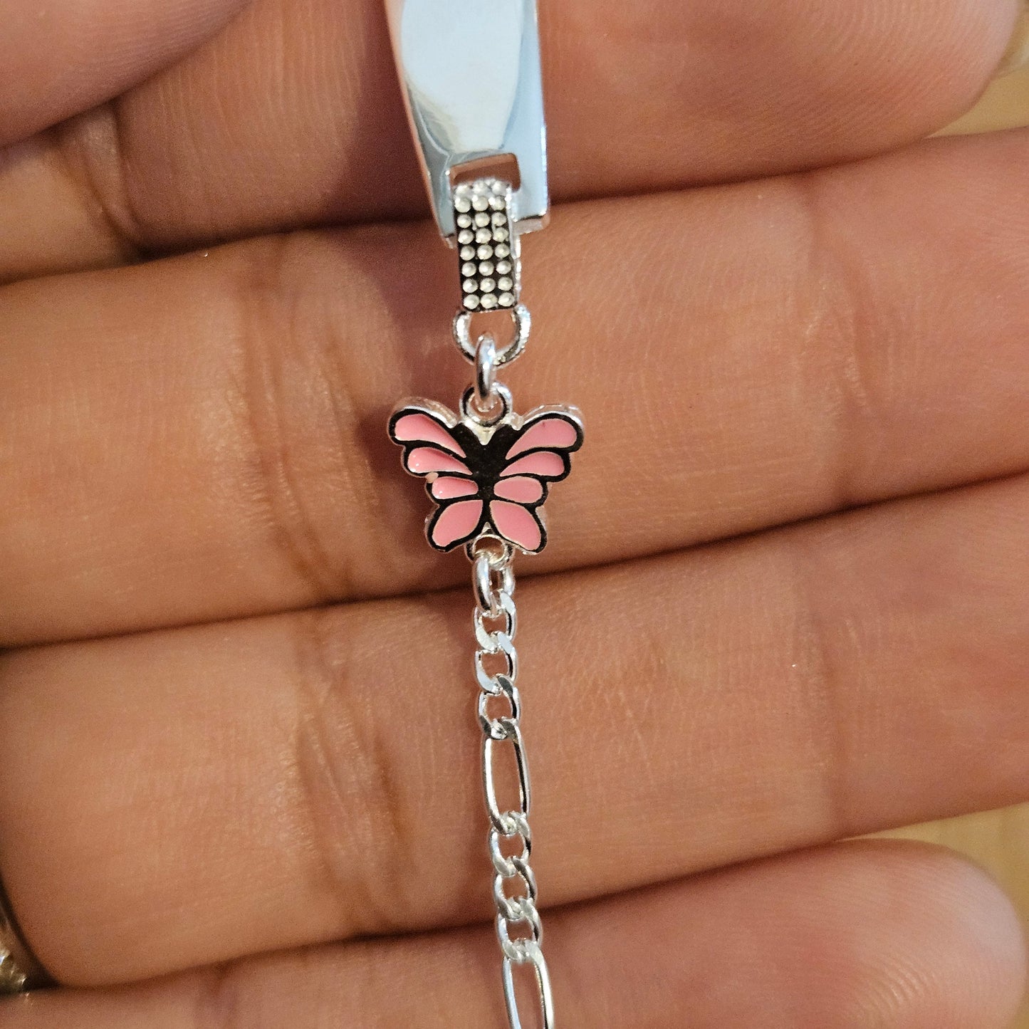 Butterfly Charm Kids ID Plate Silver Bracelet 6"L , Figaro Unisex - Great for Kids 5 to 10 years