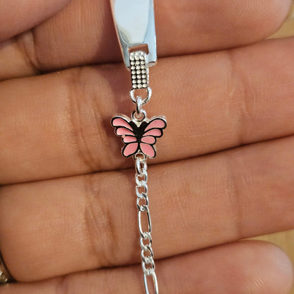 Butterfly Charm Kids ID Plate Silver Bracelet 6"L , Figaro Unisex - Great for Kids 5 to 10 years