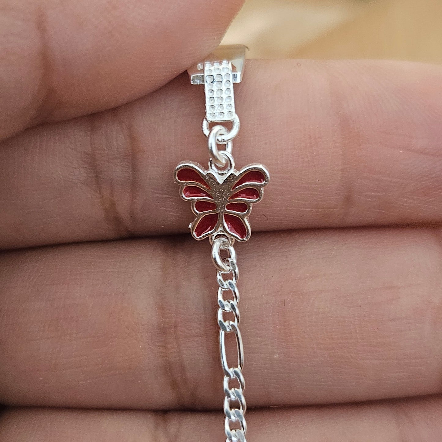 Butterfly Charm Kids ID Plate Silver Bracelet 6"L , Figaro Unisex - Great for Kids 5 to 10 years