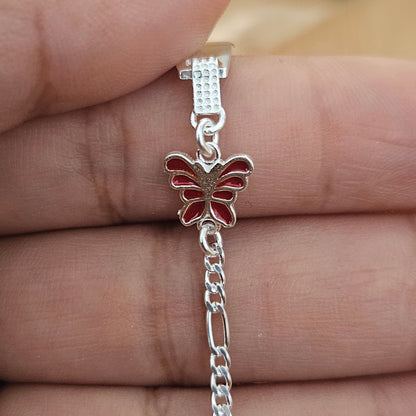 Butterfly Charm Kids ID Plate Silver Bracelet 6"L , Figaro Unisex - Great for Kids 5 to 10 years